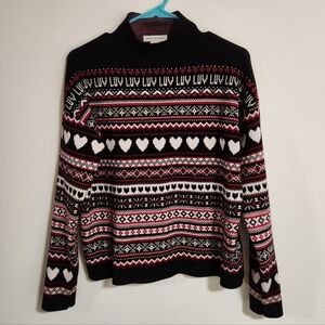 Cupcakes & Cashmere LUV Fair Isle Knit Sweater Mock Neck Black Red White Hearts